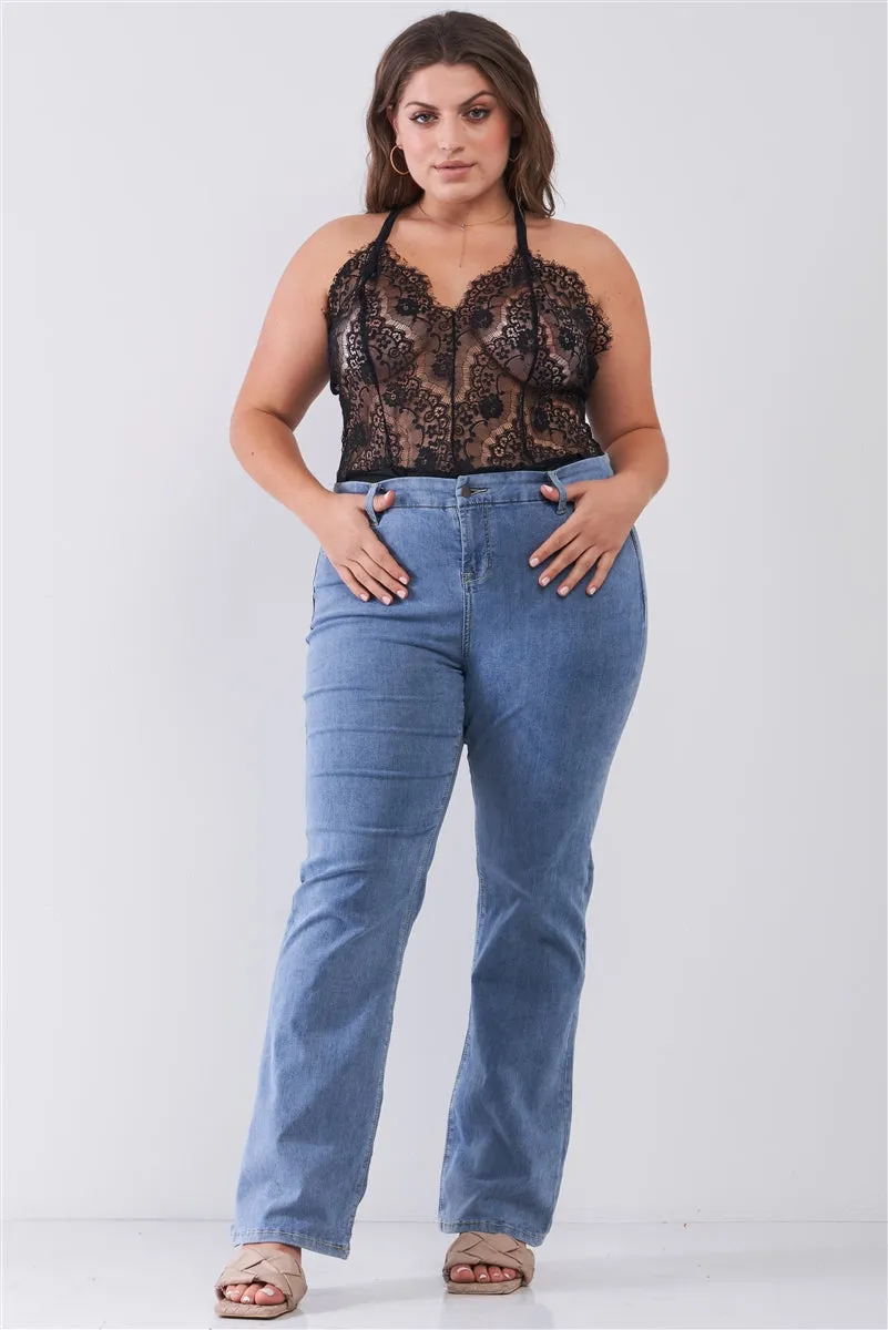 Plus Black Sheer Floral Lace Cross Back Bodysuit