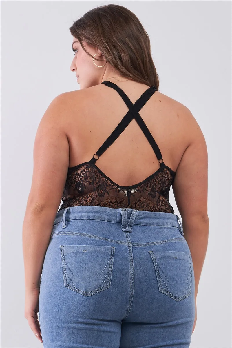 Plus Black Sheer Floral Lace Cross Back Bodysuit