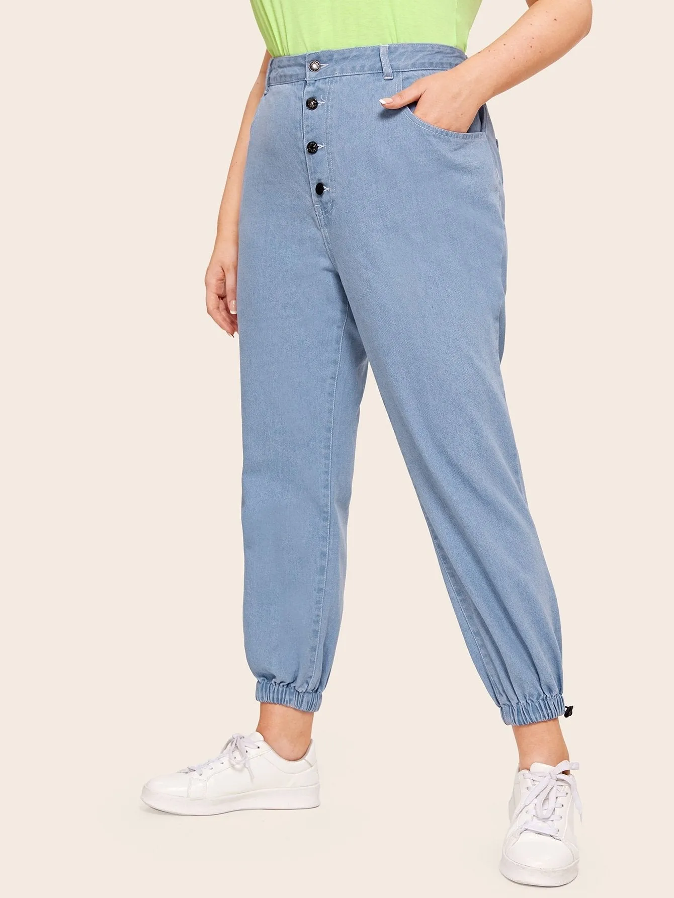 Plus Button Front Solid Jeans