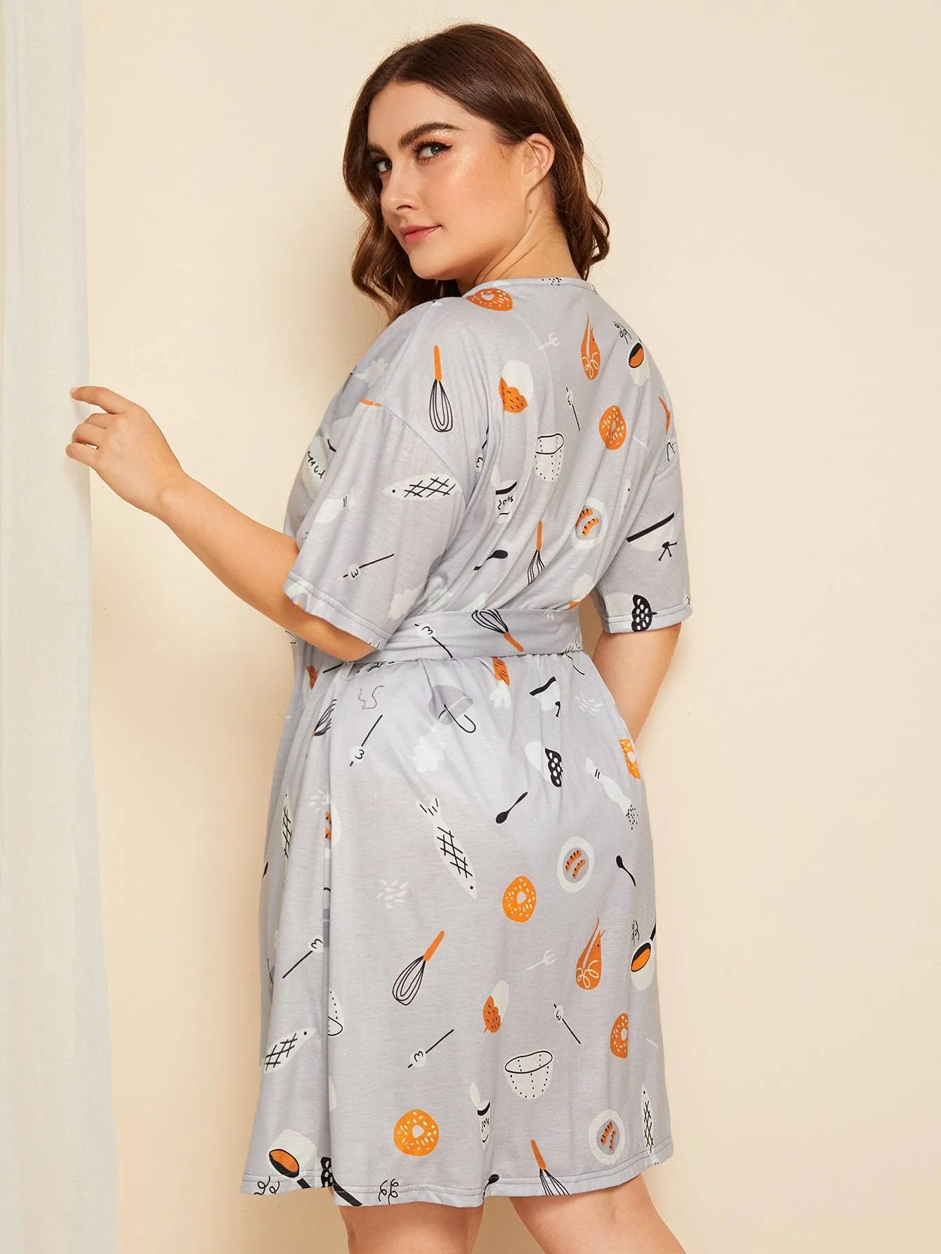 Plus Cartoon Print Robe With Belt