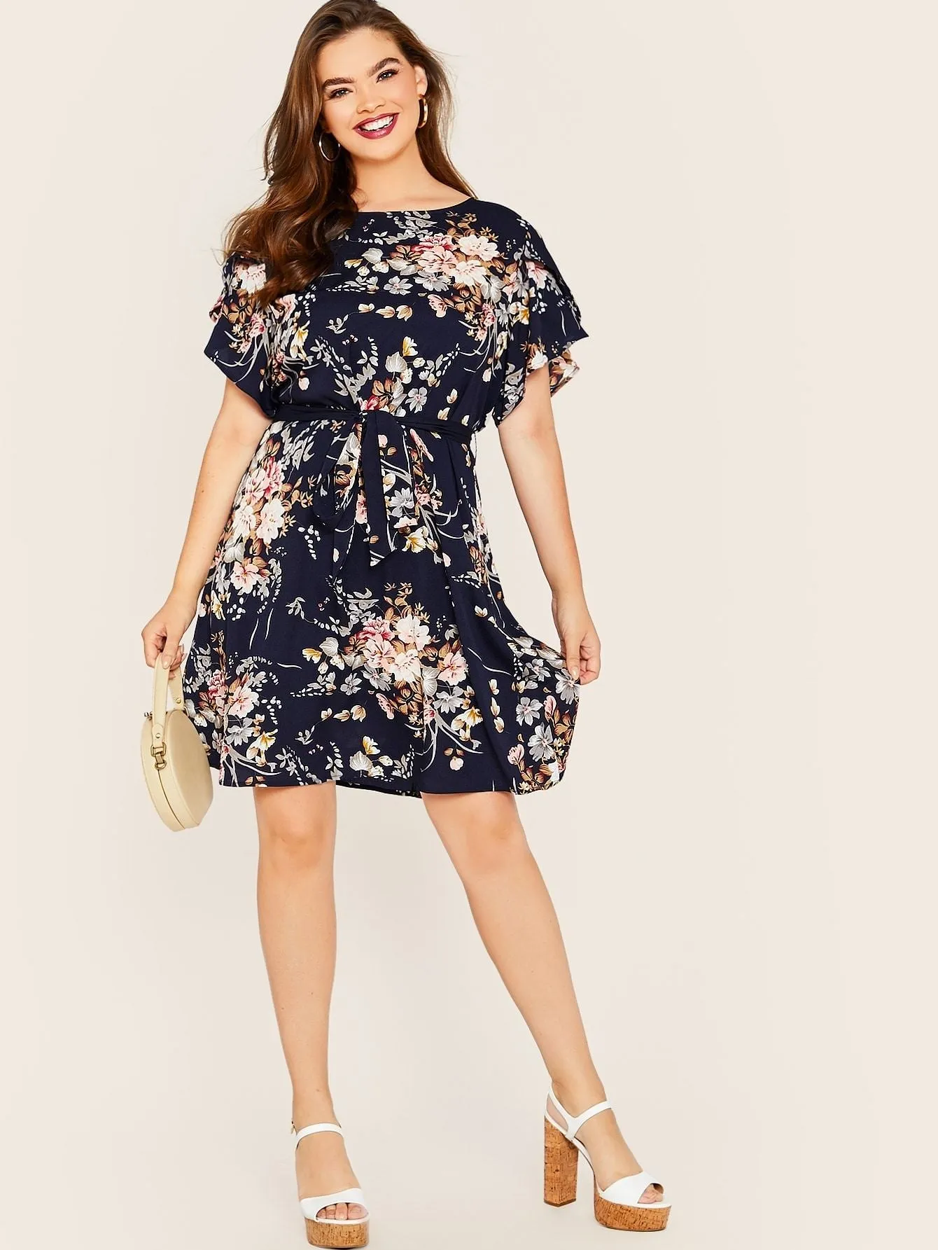Plus Floral Print Petal Sleeve Belted Dress