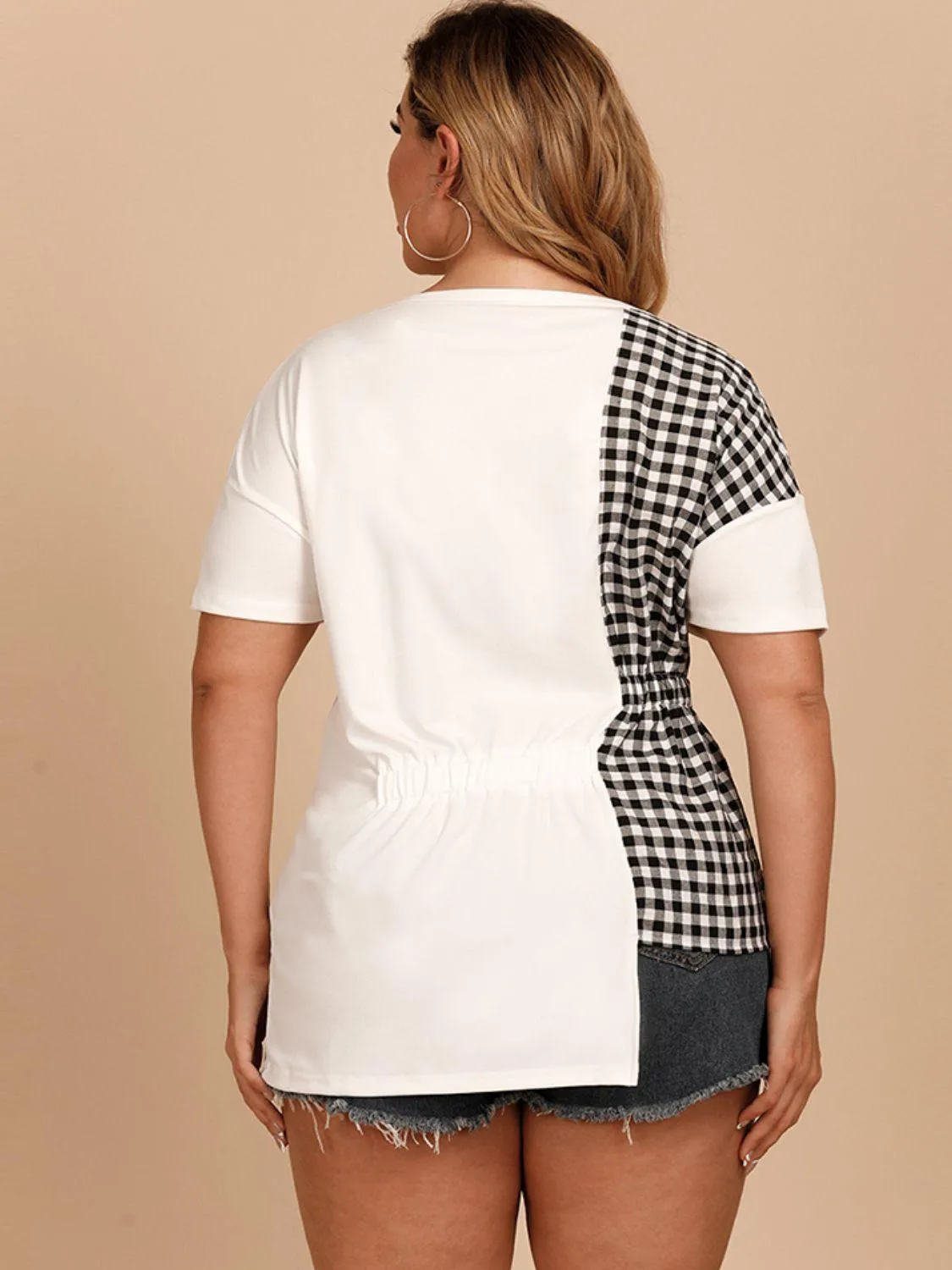 Plus Gingham Color Block T-Shirt 4XL