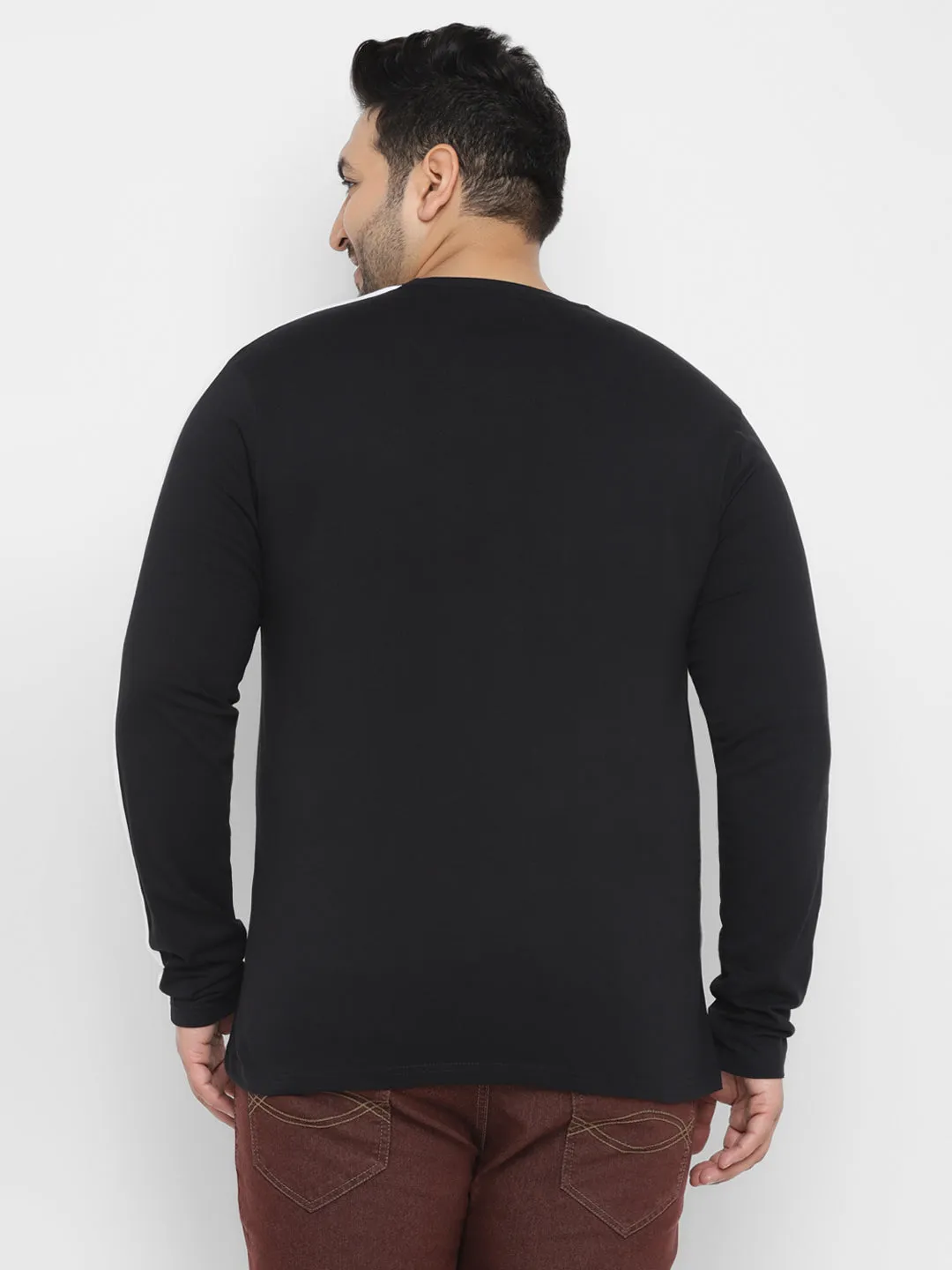 Plus Men's Black Color-Block Regular Fit Full Sleeve Cotton T-Shirt