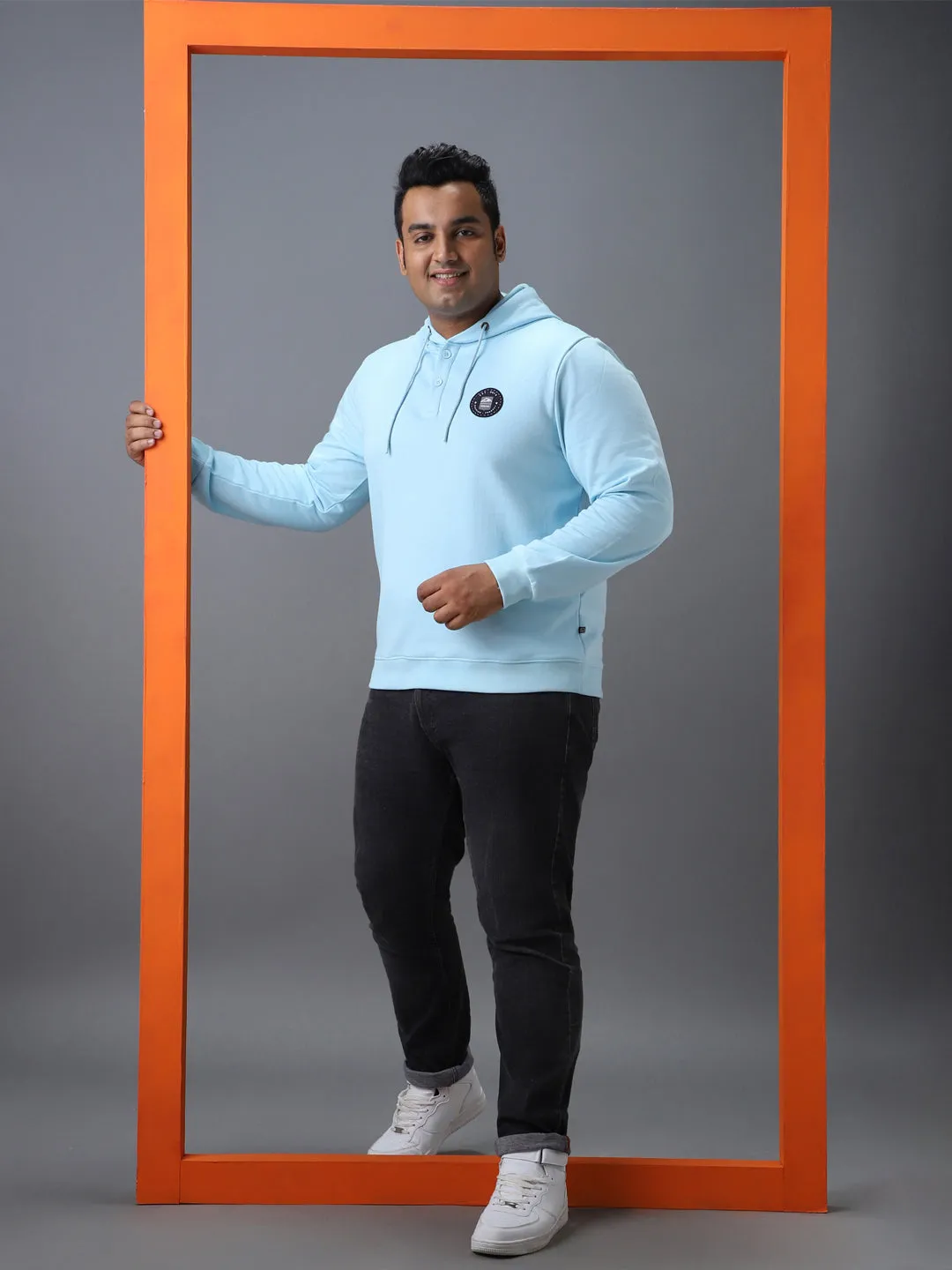 Plus Men's Blue Cotton Solid Button Hooded Neck Sweatshirt