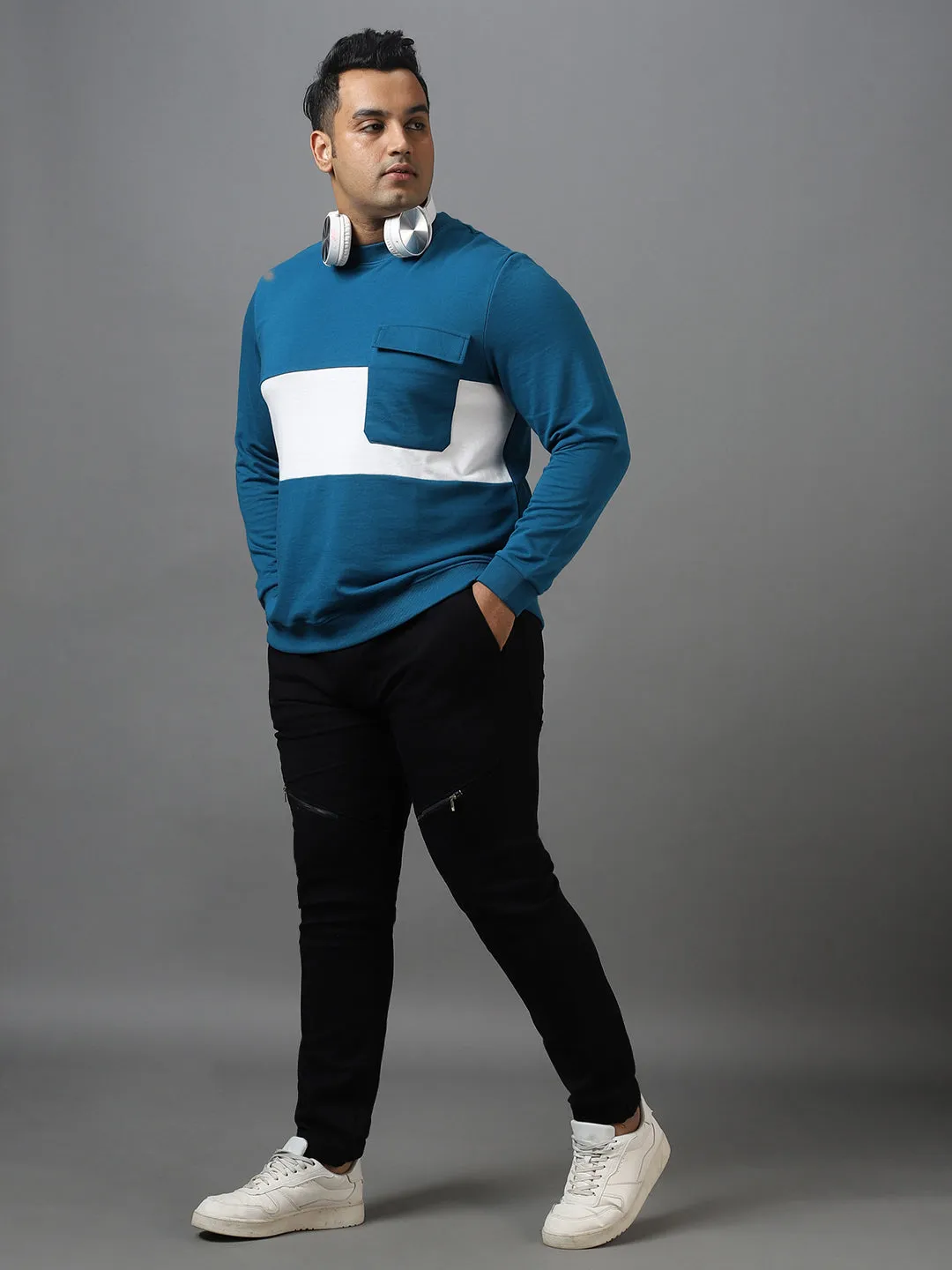 Plus Men's Green Cotton Color Block Round Neck Sweatshirt
