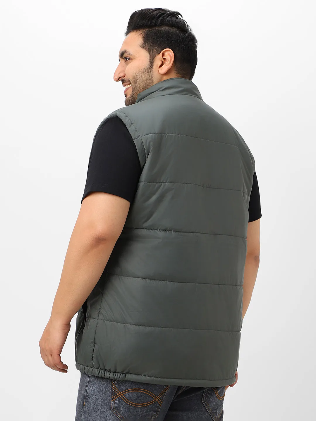 Plus Men's Green Sleeveless Zippered Puffer Jacket