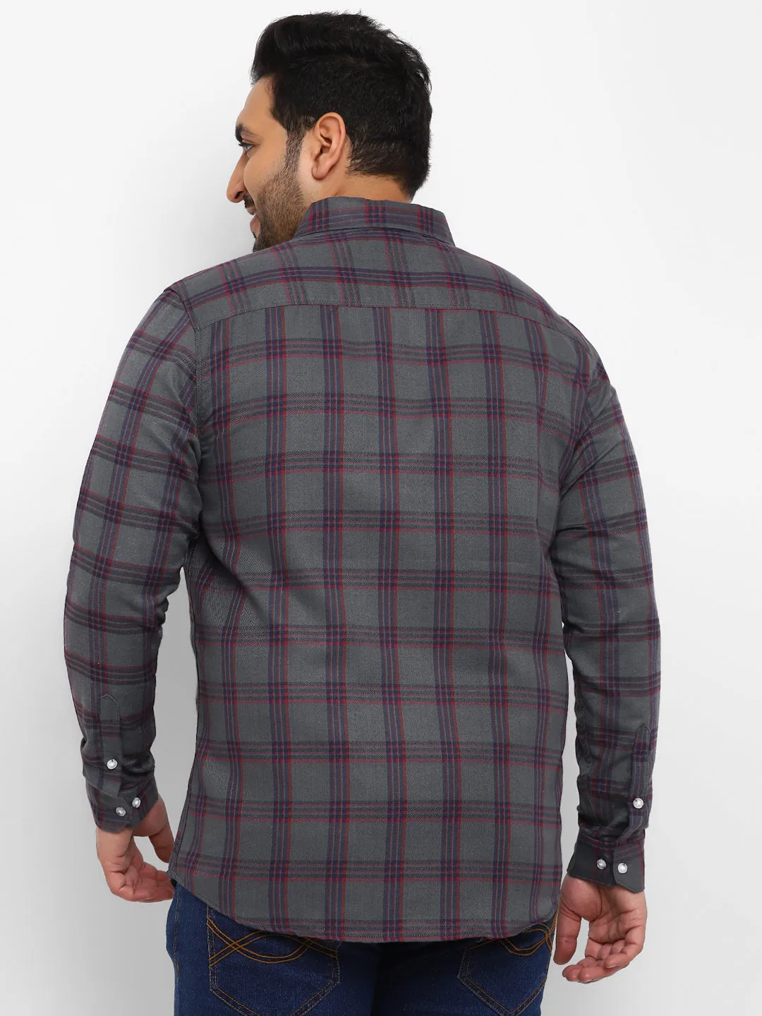 Plus Men's Grey Cotton Full Sleeve Regular Fit Casual Checkered Shirt