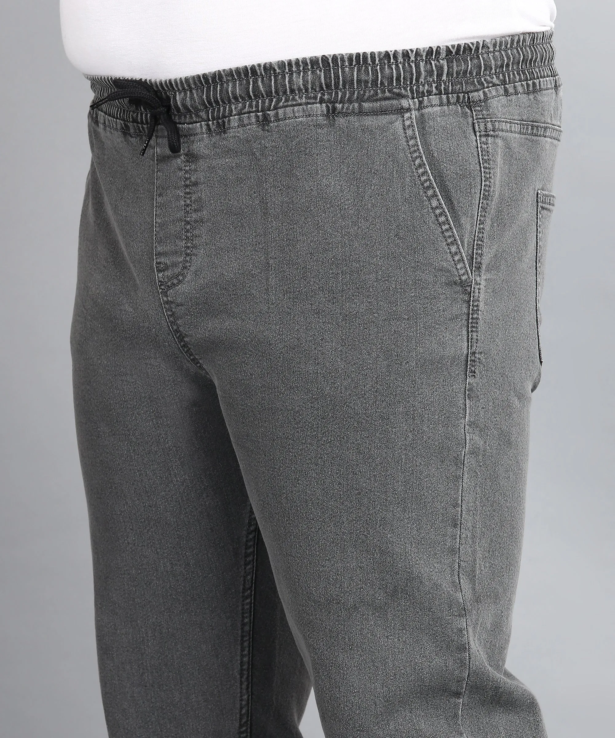 Plus Men's Grey Regular Fit Washed Jogger Jeans Stretchable