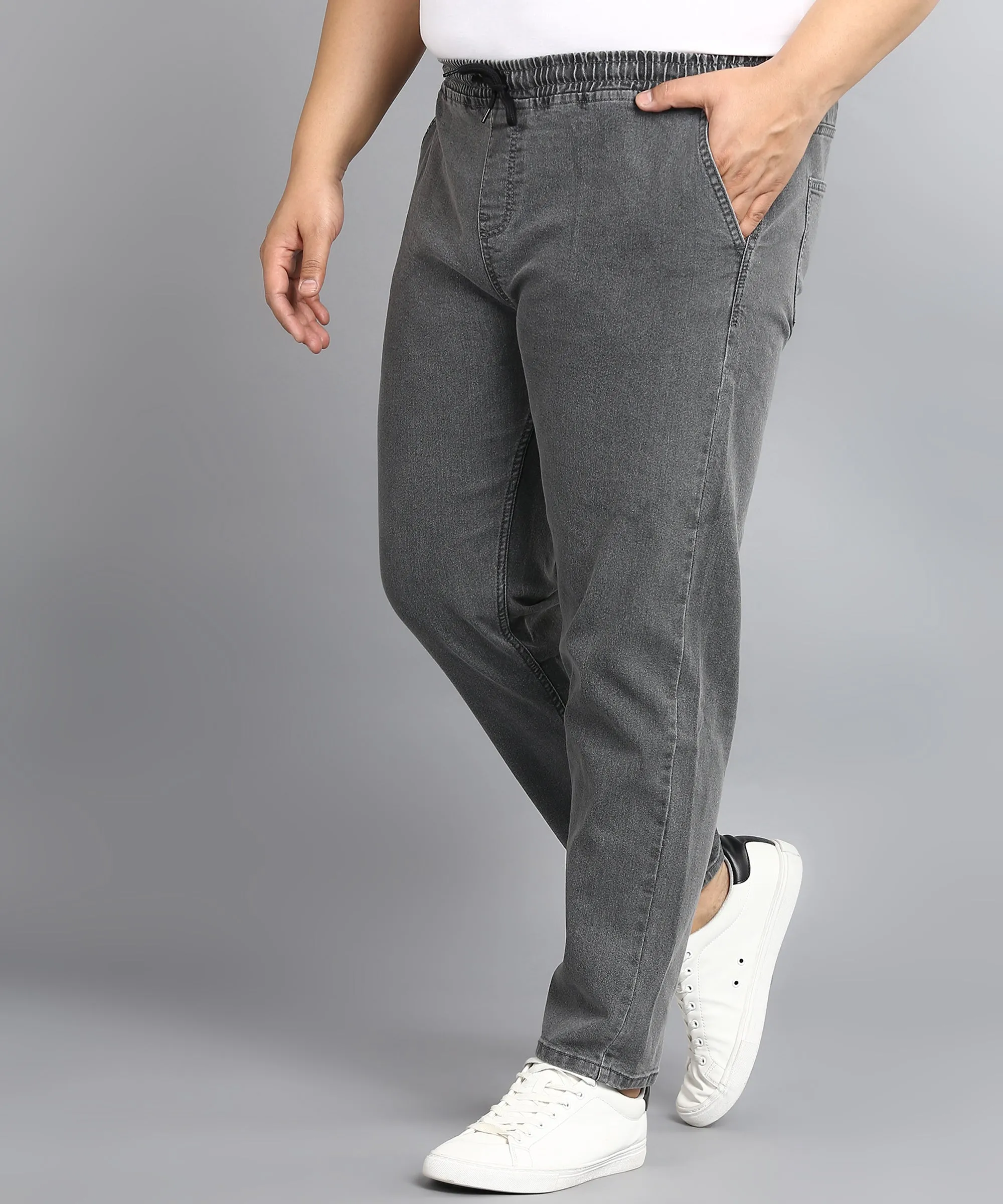 Plus Men's Grey Regular Fit Washed Jogger Jeans Stretchable
