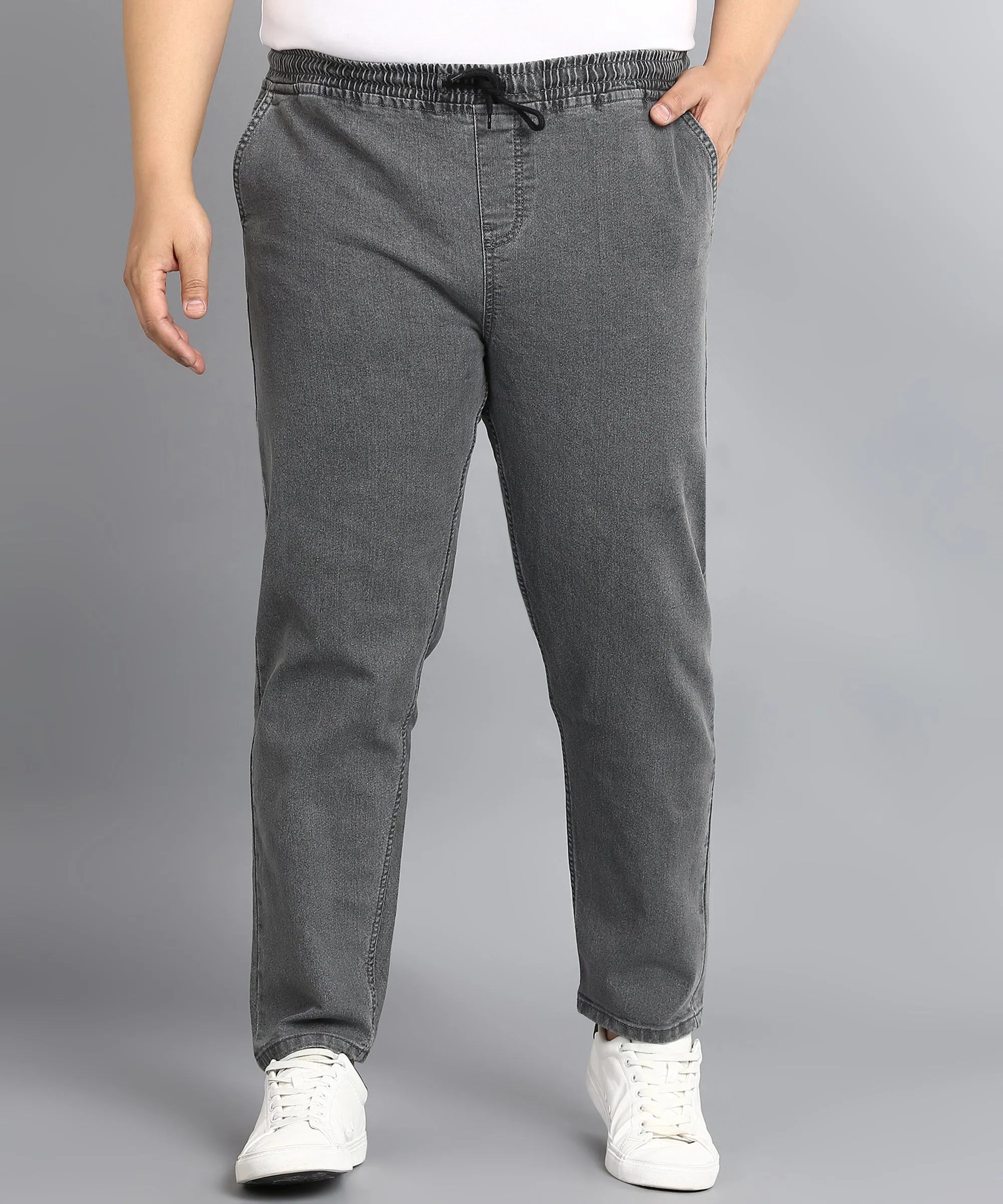 Plus Men's Grey Regular Fit Washed Jogger Jeans Stretchable