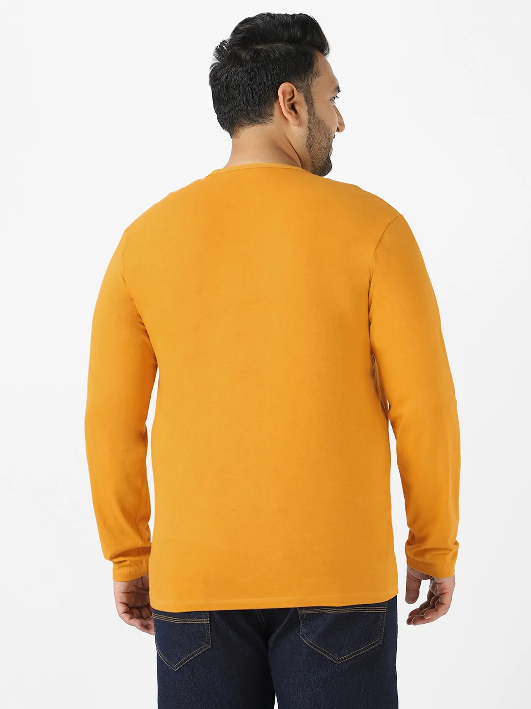 Plus Men's Mustard Solid Henley Neck Regular Fit Full Sleeve Cotton T-Shirt