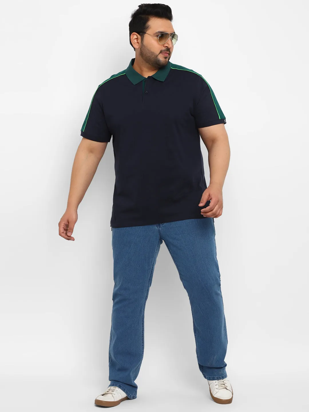 Plus Men's Navy Blue, Green Colour-Block Regular Fit Half Sleeve Cotton Polo T-Shirt