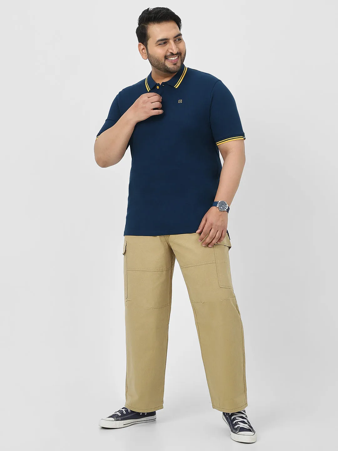 Plus Men's Navy Blue Solid Regular Fit Polo T-Shirt