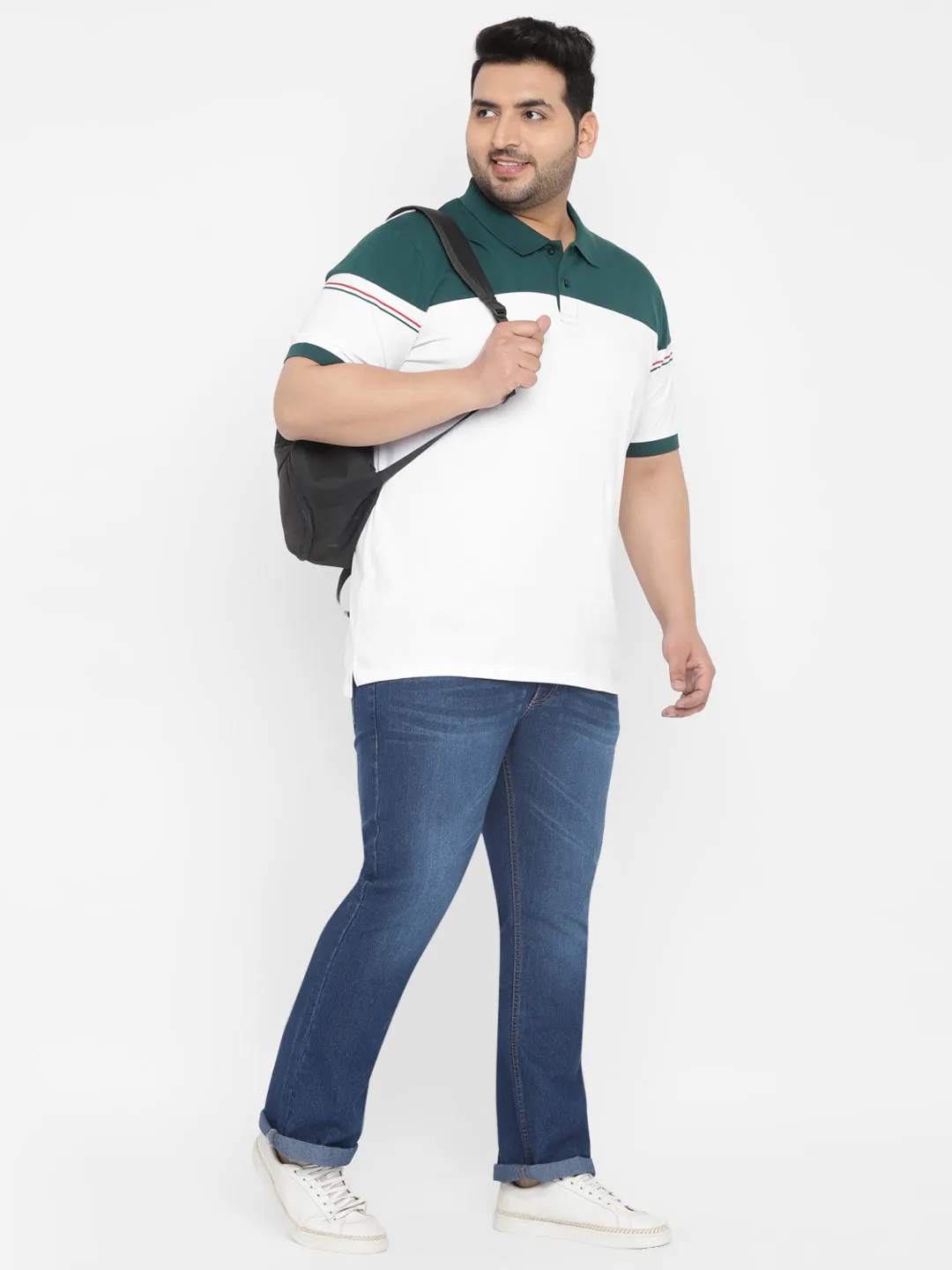 Plus Men's White, Green Colour-Block Regular Fit Half Sleeve Cotton Polo T-Shirt