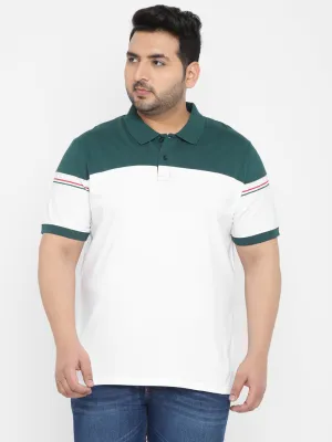 Plus Men's White, Green Colour-Block Regular Fit Half Sleeve Cotton Polo T-Shirt