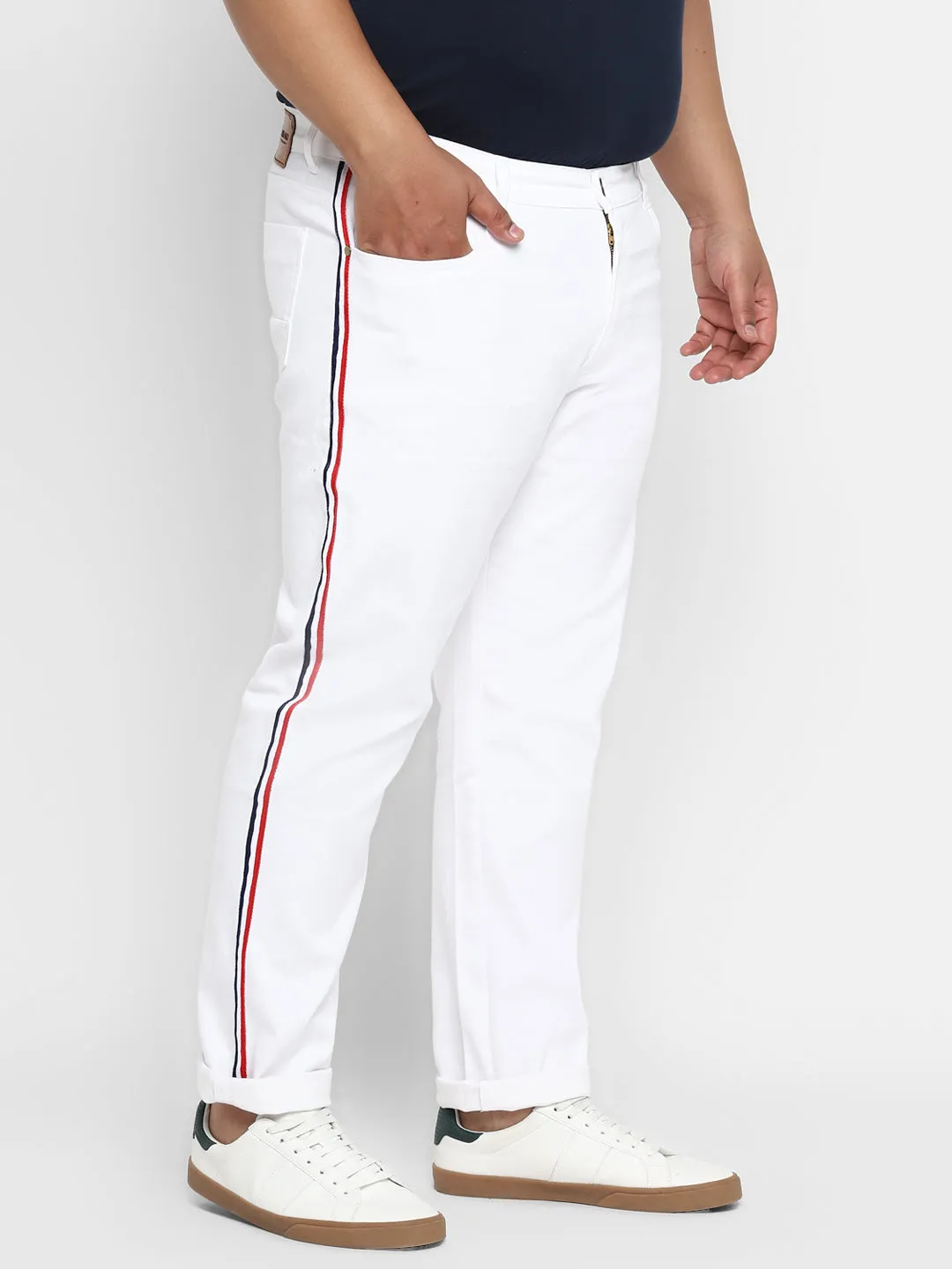 Plus Men's White Regular Fit Side Striped Denim Jeans Stretchable