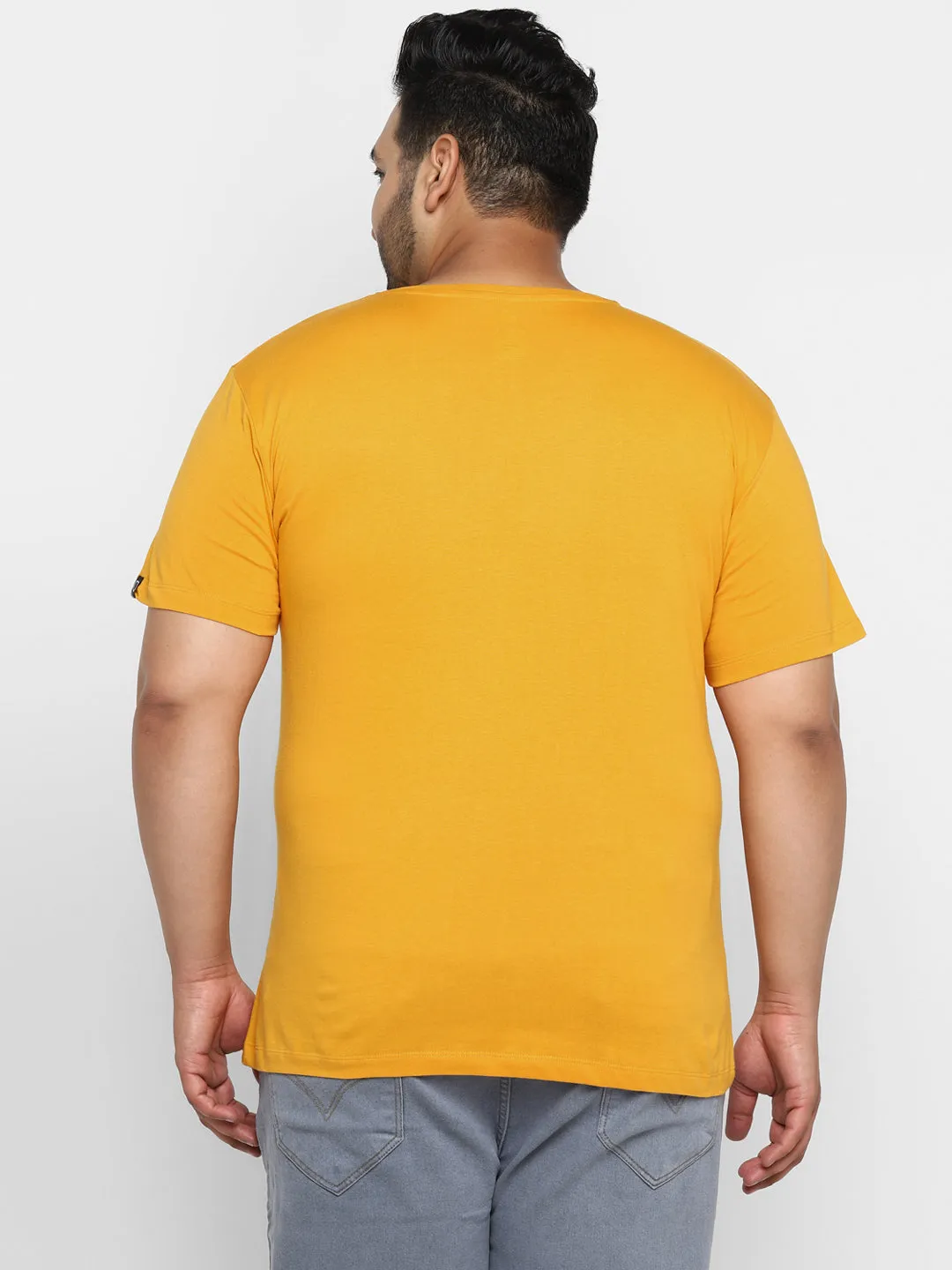 Plus Men's Yellow Printed Full Sleeve Regular Fit Cotton T-Shirt