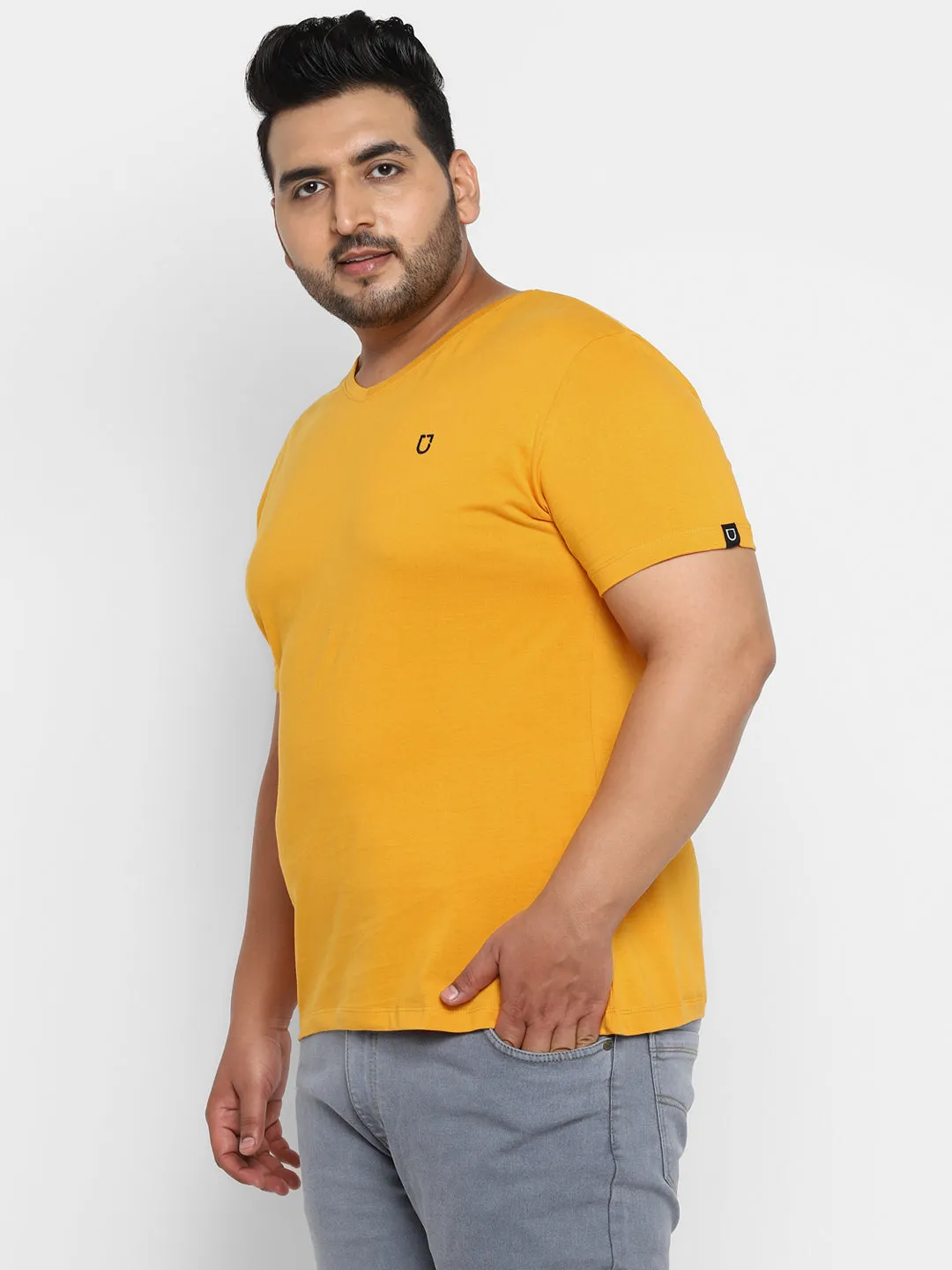 Plus Men's Yellow Printed Full Sleeve Regular Fit Cotton T-Shirt