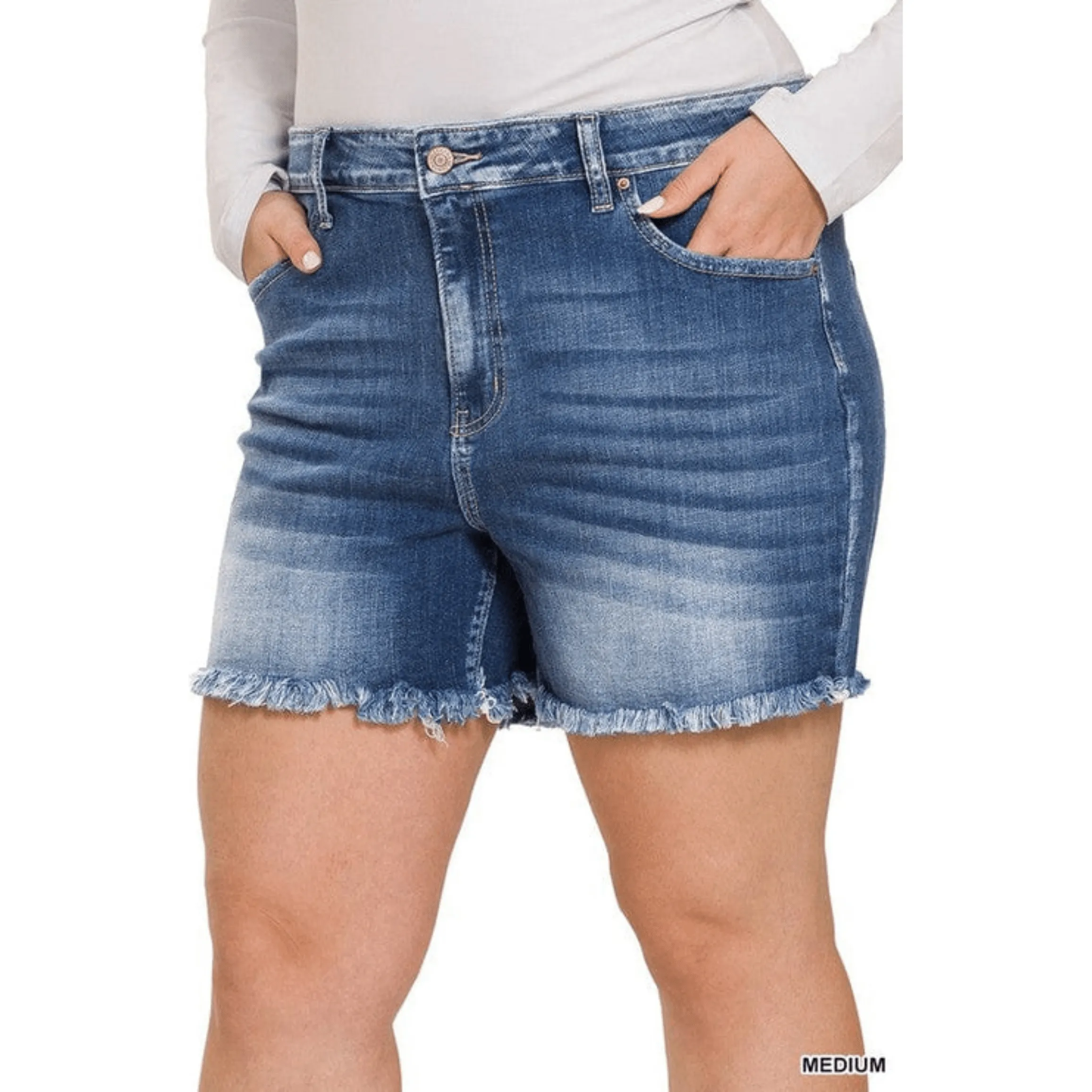 Plus mid rise raw frayed hem denim shorts