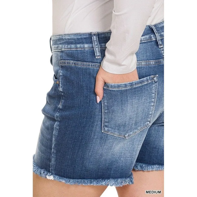Plus mid rise raw frayed hem denim shorts