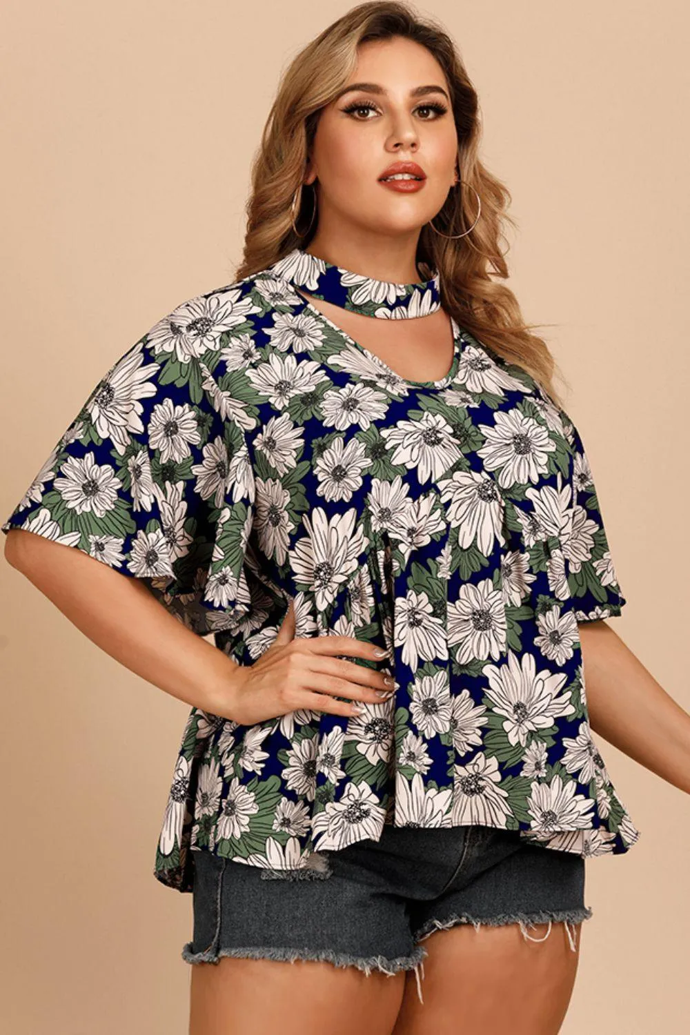 Plus Navy Floral Flutter Sleeve Blouse