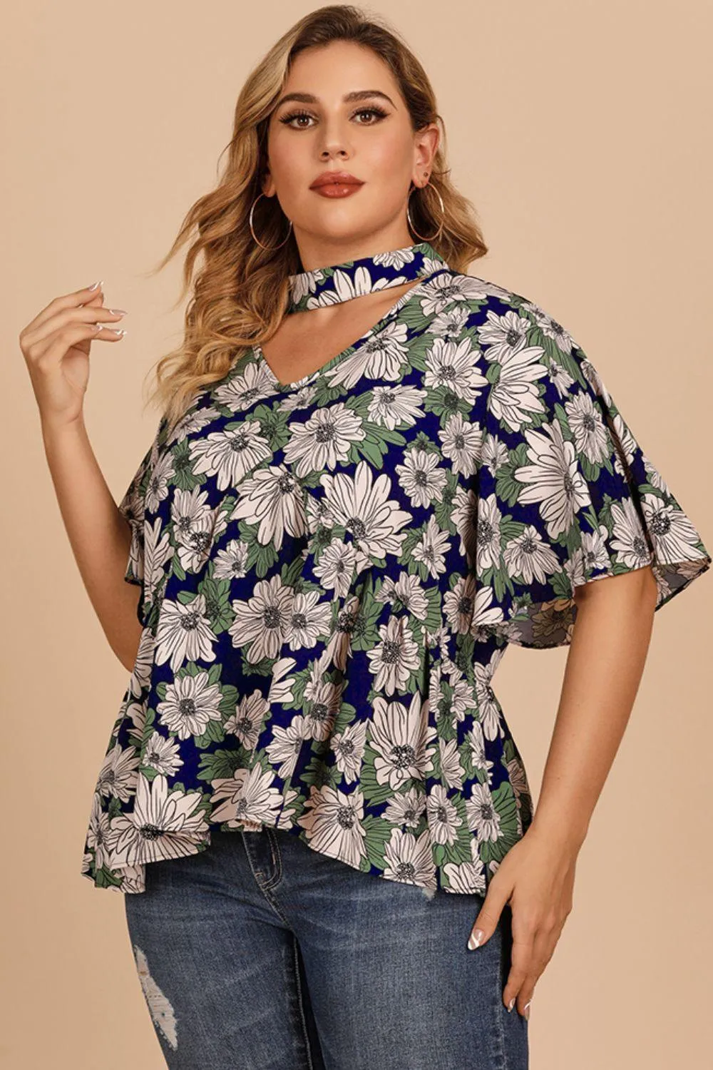 Plus Navy Floral Flutter Sleeve Blouse
