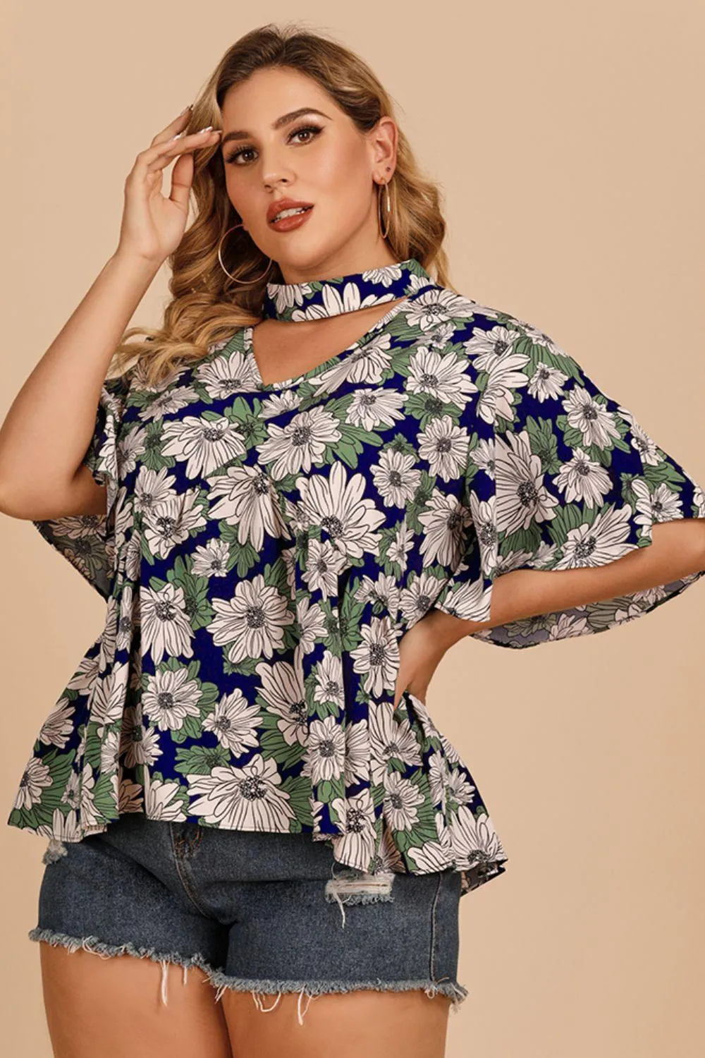 Plus Navy Floral Flutter Sleeve Blouse