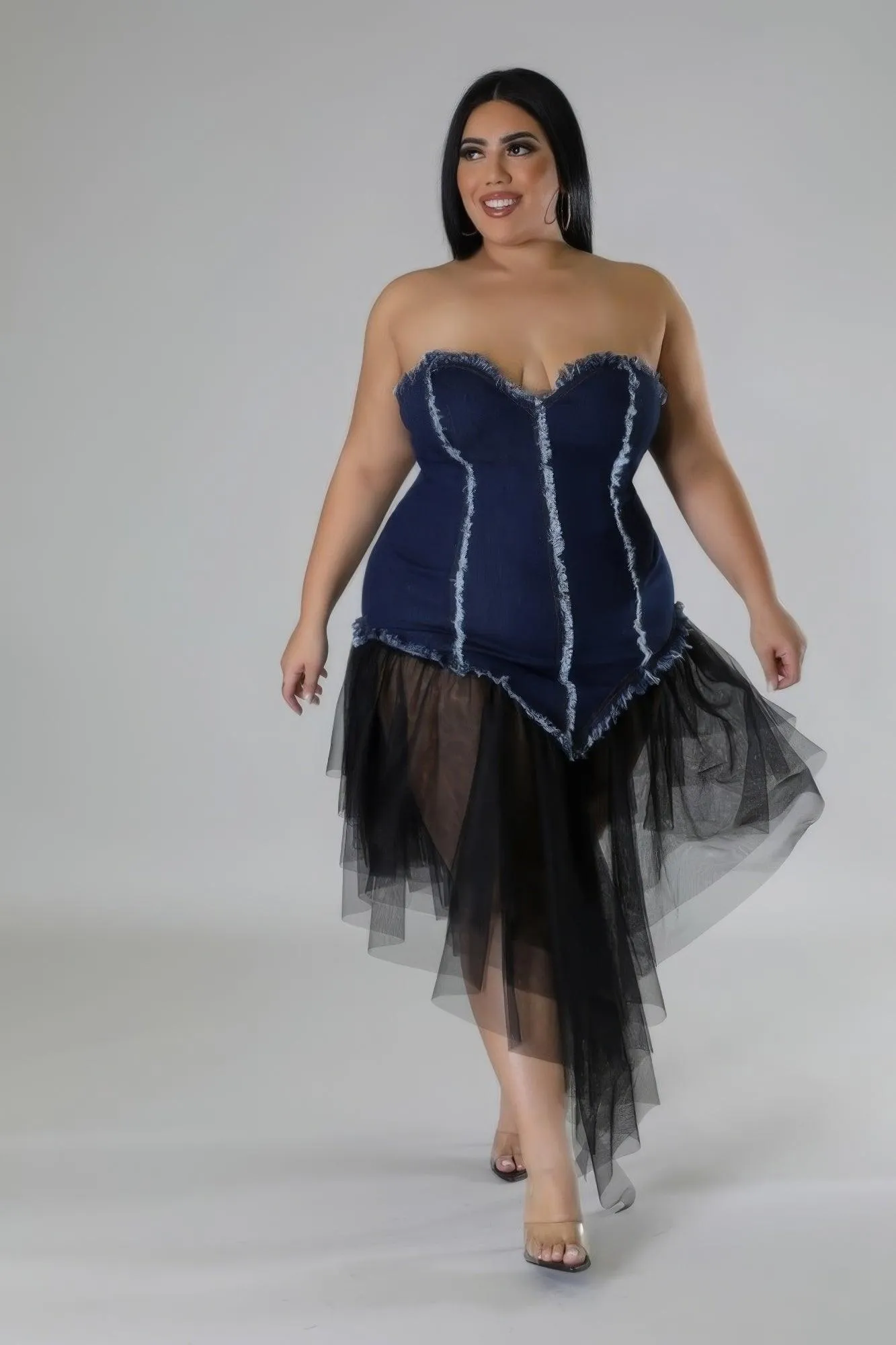 Plus Non-stretch Jean Corset Dress Tulle Hem