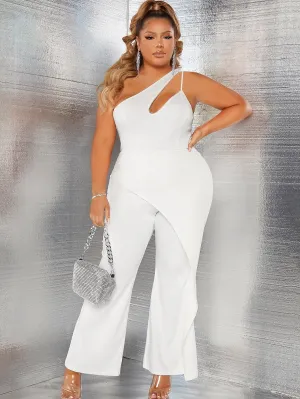 Plus One Shoulder  WHITE Flare Leg Jumpsuit