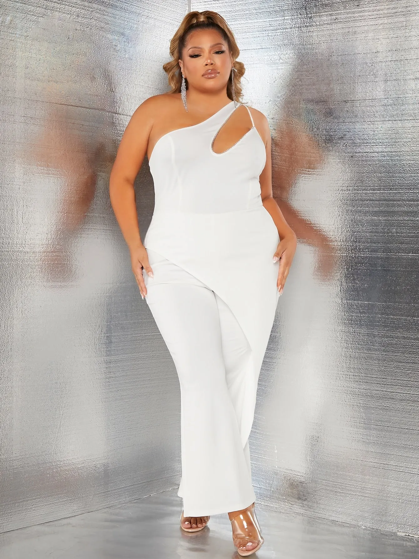 Plus One Shoulder  WHITE Flare Leg Jumpsuit