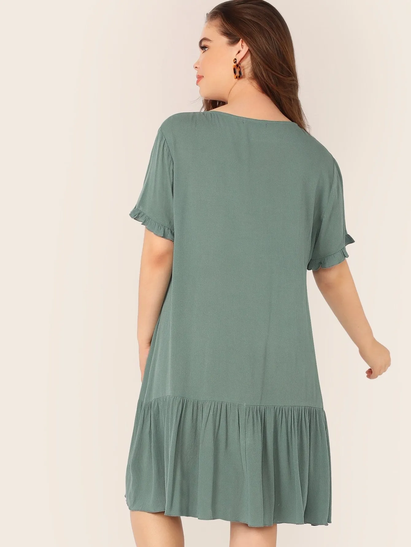 Plus Ruffle Cuff Button Front Flippy Hem Dress