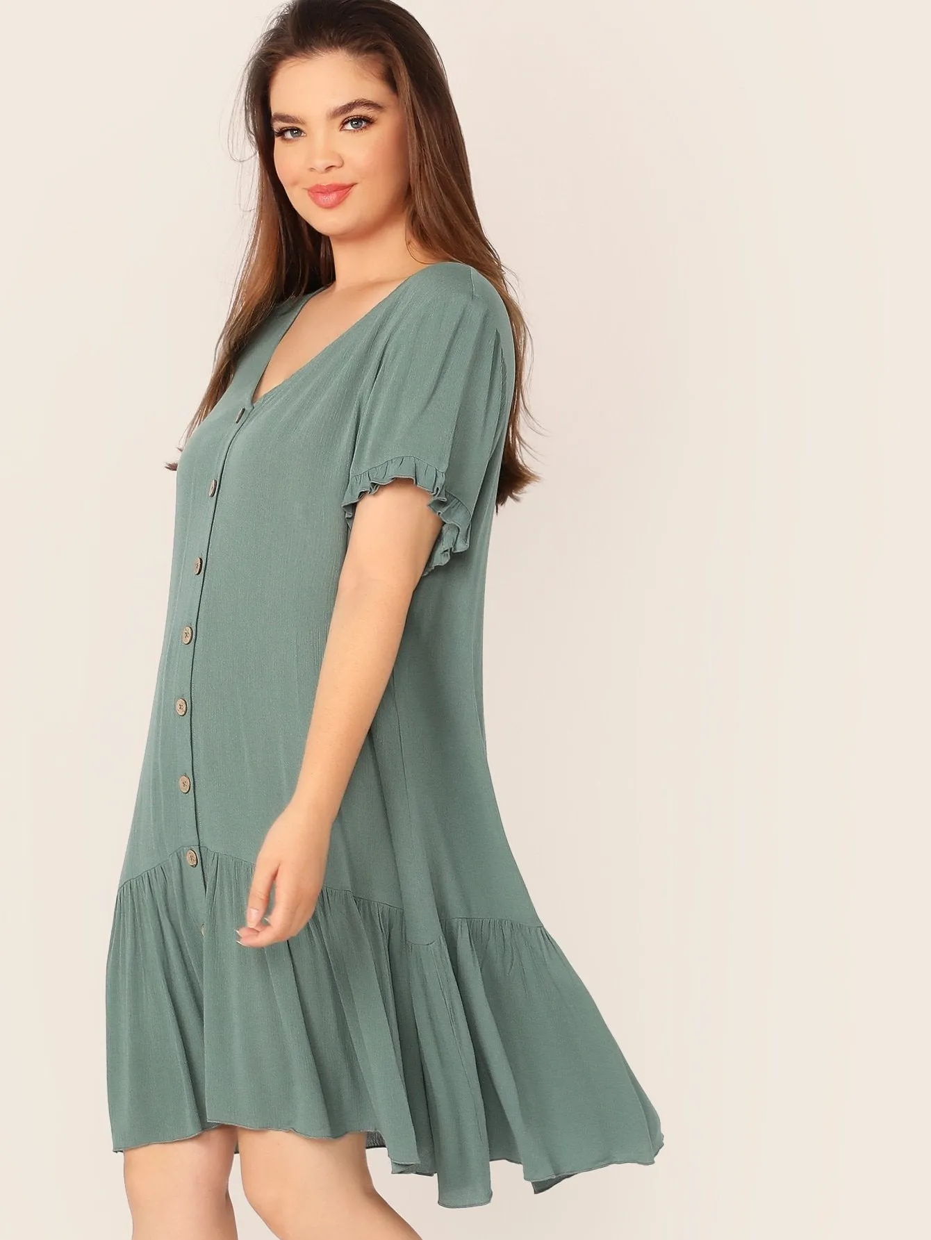  Plus Ruffle Cuff Button Front Flippy Hem Dress