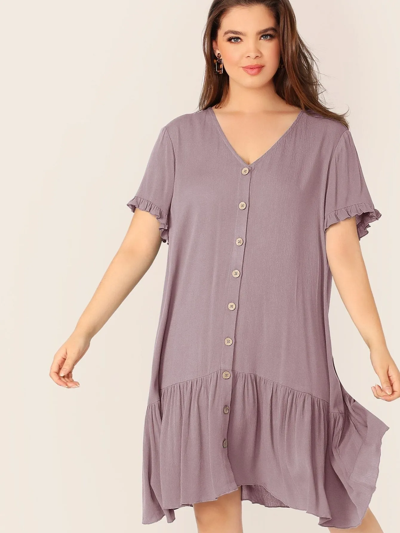  Plus Ruffle Cuff Button Front Flippy Hem Dress
