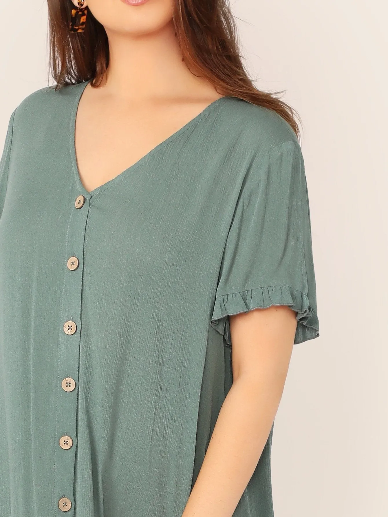  Plus Ruffle Cuff Button Front Flippy Hem Dress