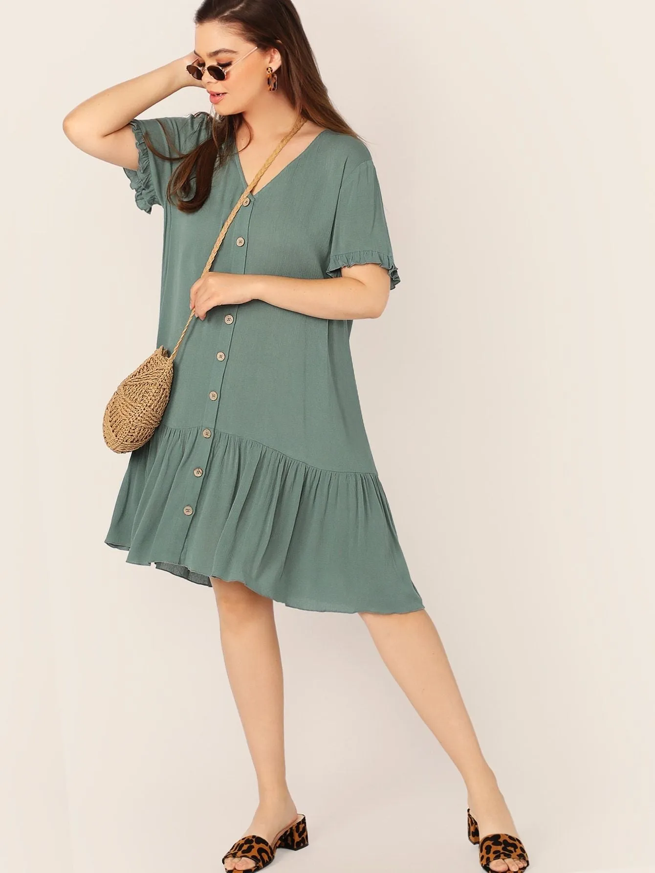  Plus Ruffle Cuff Button Front Flippy Hem Dress