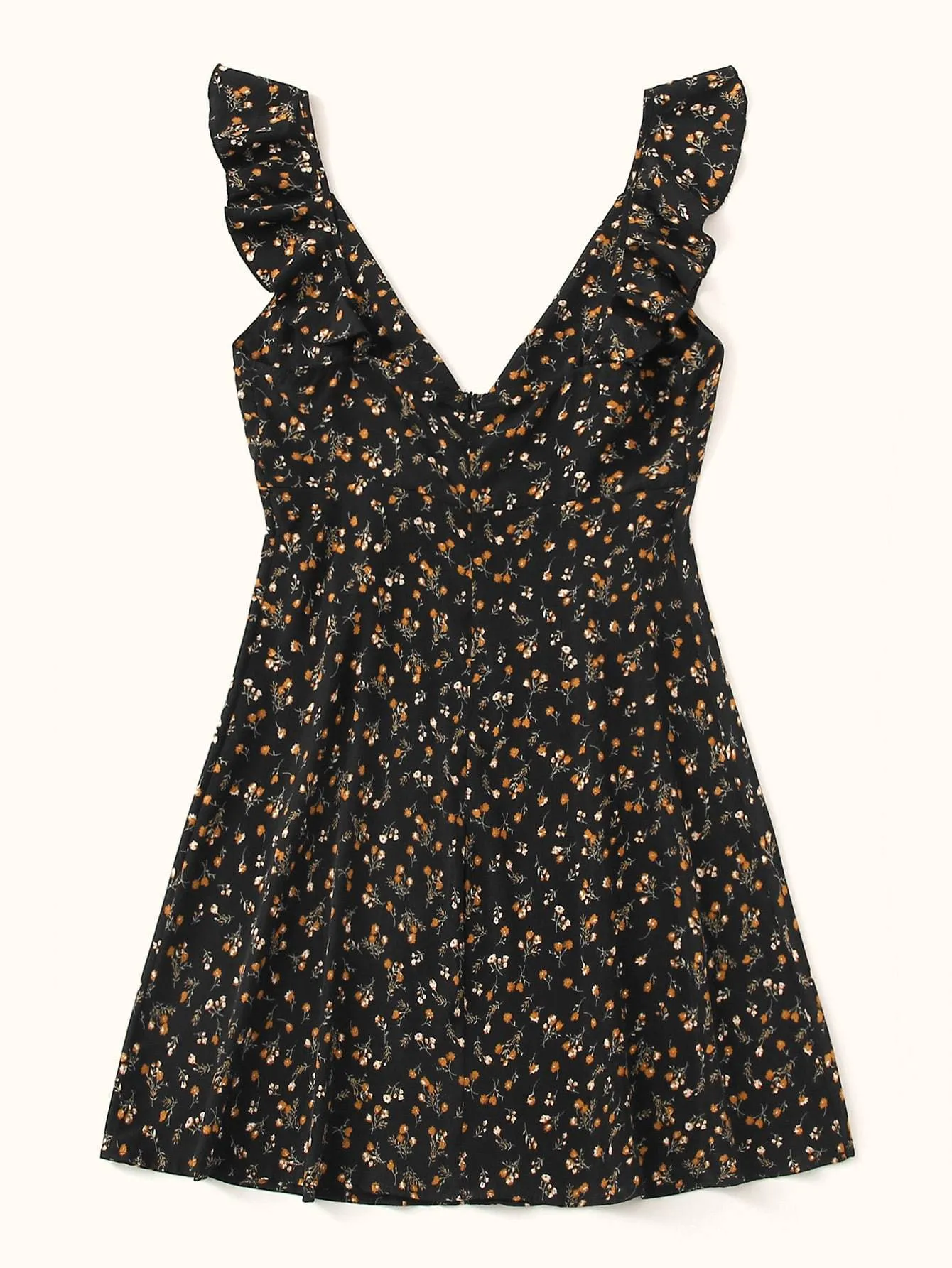 Plus Ruffle Trim Ditsy Floral Print Swing Dress