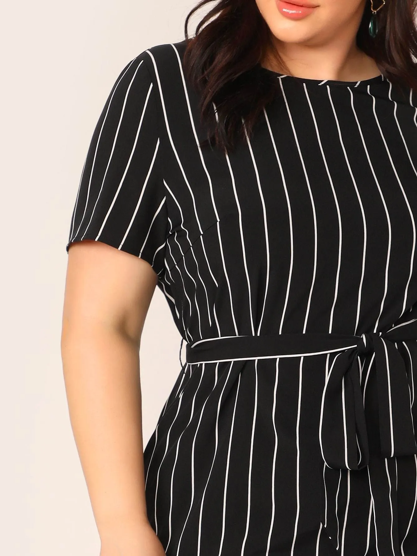  Plus Self Belted Striped Dress
