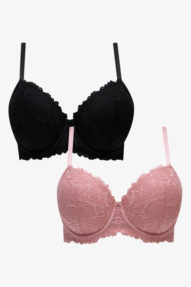 Plus Size 2 Pack Lace Balconette Bras Black & Pink