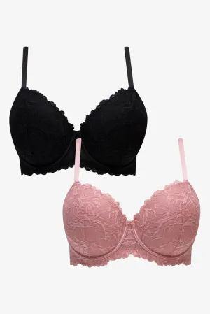 Plus Size 2 Pack Lace Balconette Bras Black & Pink