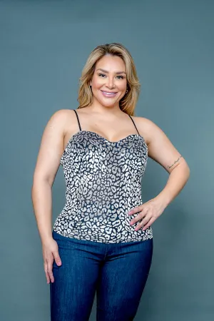 Plus Size 3D Velvet Sheer Burnout Leopard Spaghetti Strap Tank Top with Sweetheart Neckline (ZB11553F)