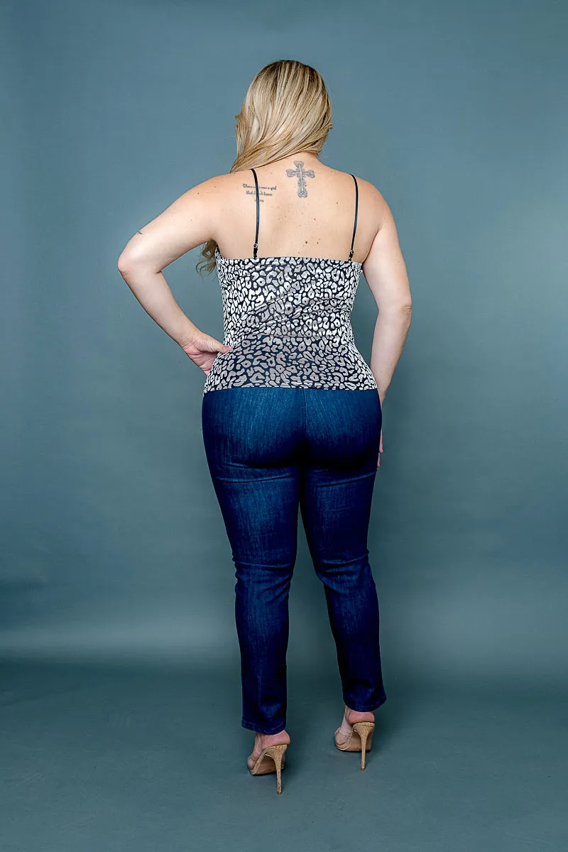 Plus Size 3D Velvet Sheer Burnout Leopard Spaghetti Strap Tank Top with Sweetheart Neckline (ZB11553F)