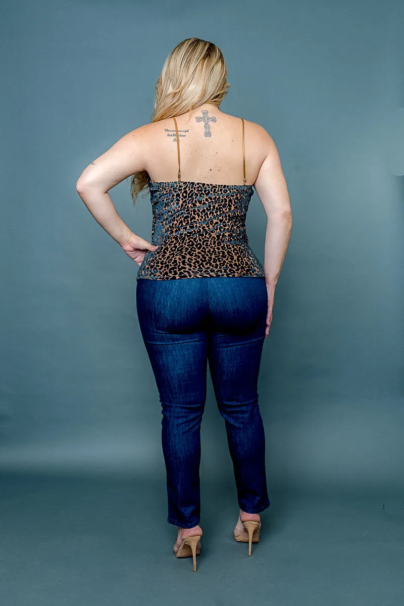 Plus Size 3D Velvet Sheer Burnout Leopard Spaghetti Strap Tank Top with Sweetheart Neckline (ZB11553F)