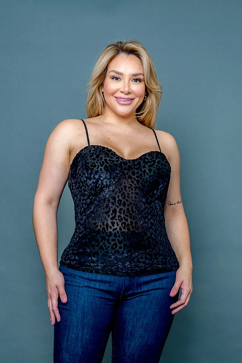 Plus Size 3D Velvet Sheer Burnout Leopard Spaghetti Strap Tank Top with Sweetheart Neckline (ZB11553F)