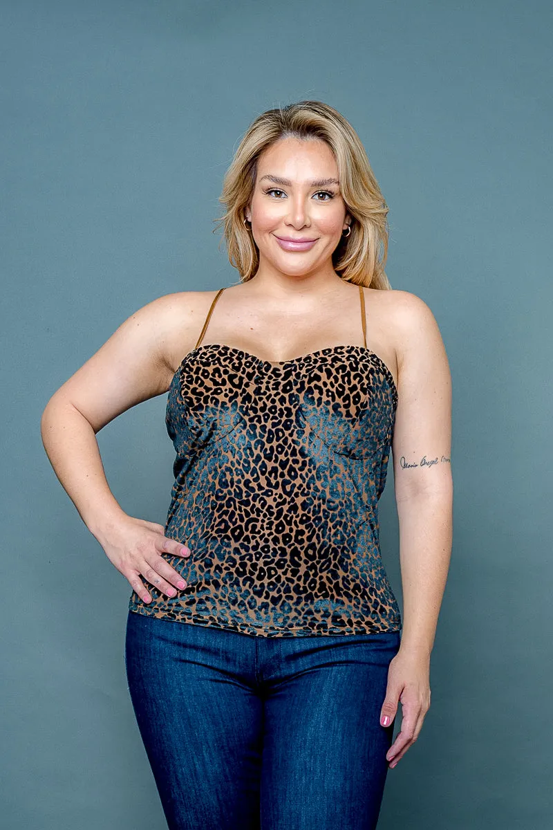 Plus Size 3D Velvet Sheer Burnout Leopard Spaghetti Strap Tank Top with Sweetheart Neckline (ZB11553F)