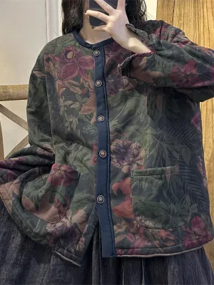 Plus Size Autumn Retro Worn Flower Spliced Cotton Coat