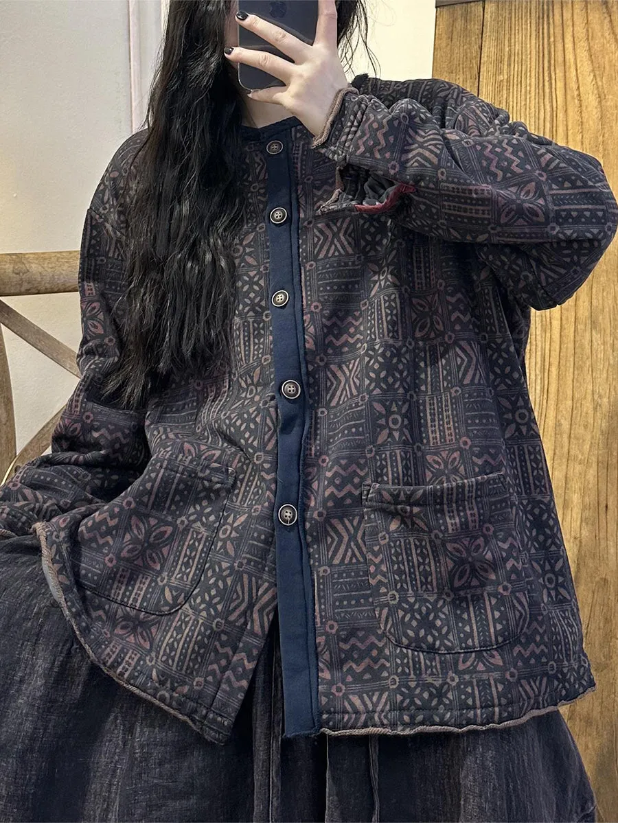 Plus Size Autumn Retro Worn Flower Spliced Cotton Coat