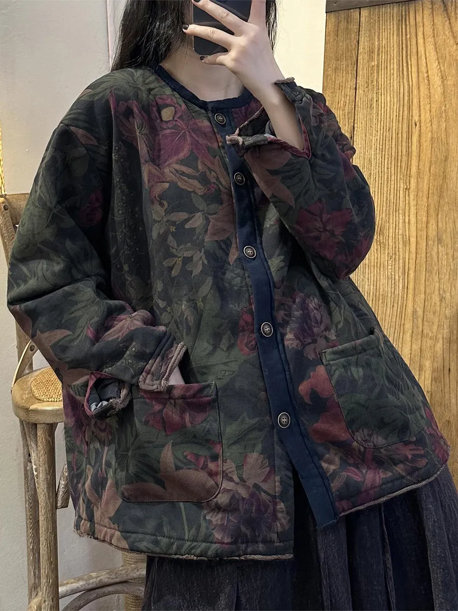 Plus Size Autumn Retro Worn Flower Spliced Cotton Coat