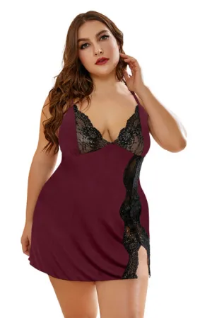 Plus Size Baby-doll Lace Snake Print  Dress   Thong Nightgown