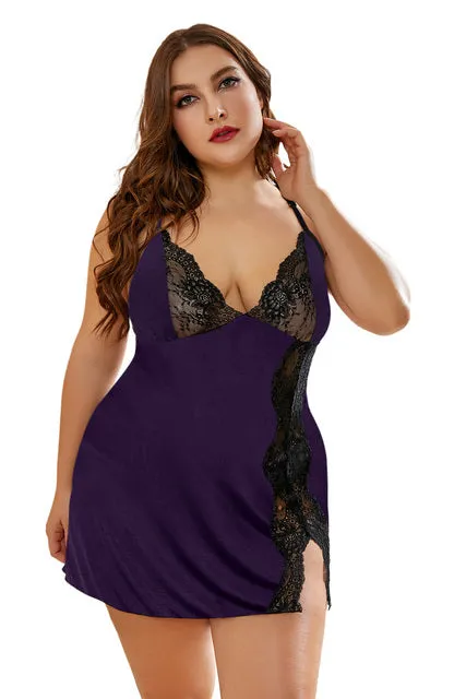 Plus Size Baby-doll Lace Snake Print  Dress   Thong Nightgown