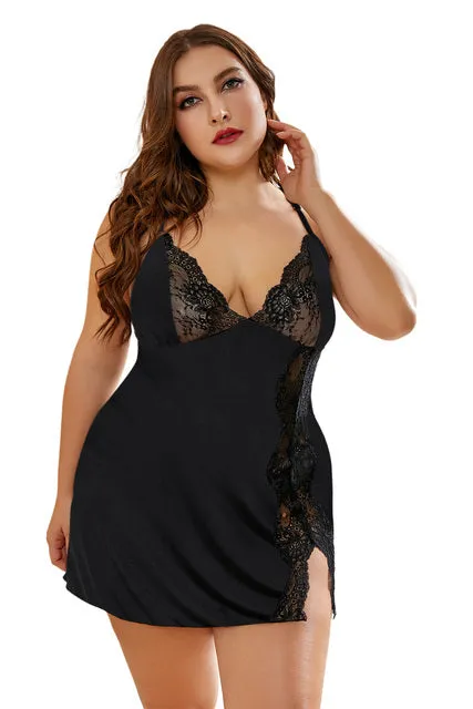 Plus Size Baby-doll Lace Snake Print  Dress   Thong Nightgown